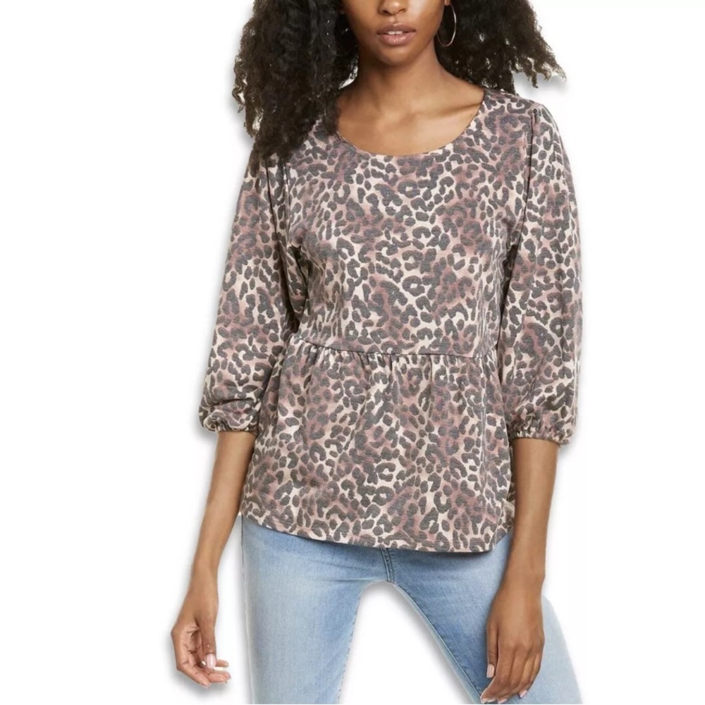 Bobeau Women's Top Medium Cheetah Print Brown Peplum 3/4 Sleeves NEW With Tags